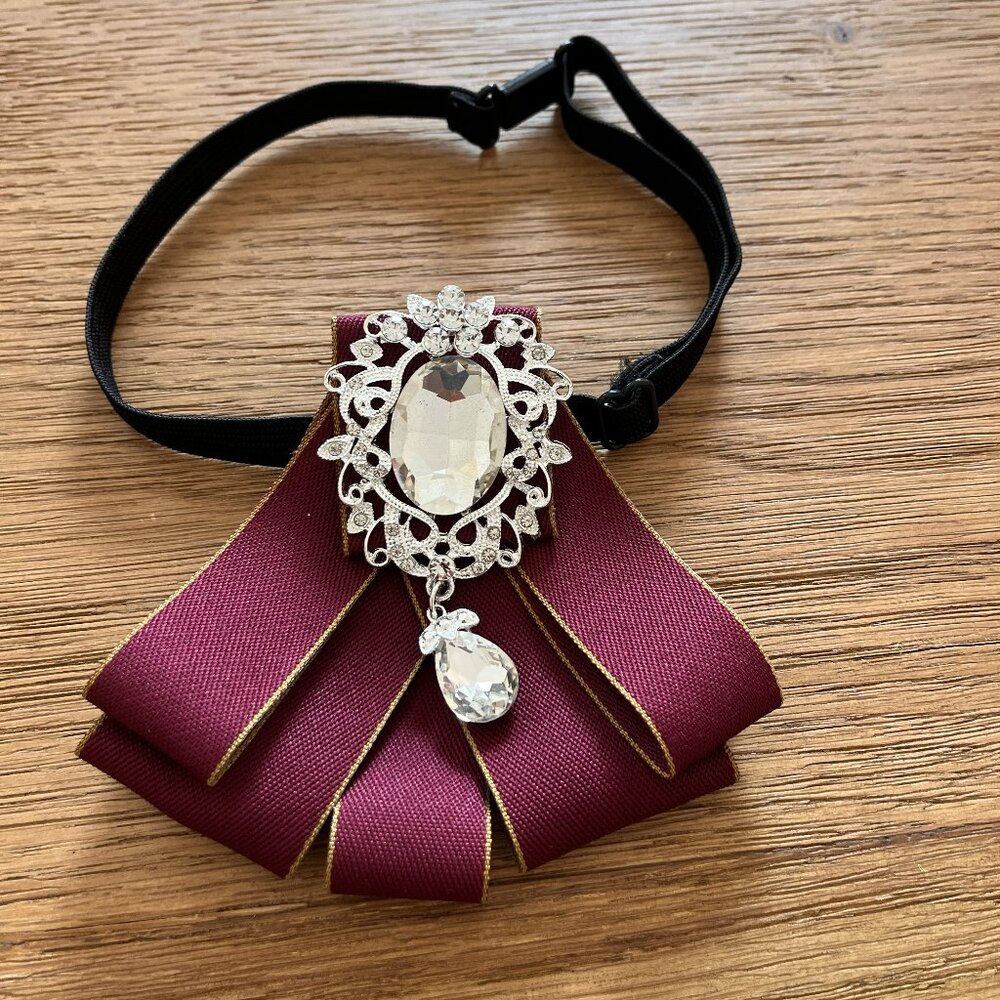 Pretied Bow Tie Lapel Pin Set Silk Handmade Large Vintage Crystal Brooch